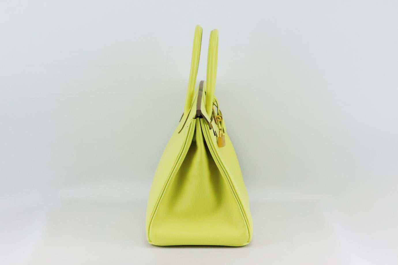 Hermès 2011 Birkin 35cm Epsom leather bag. Made in France, this beautiful 2011 Hermès ‘Birkin’ handbag has been made from bright-yellow ‘Epsom’ leather exterior in ‘Lime’ with matching interior, this piece is decorated with gold-plated hardware.