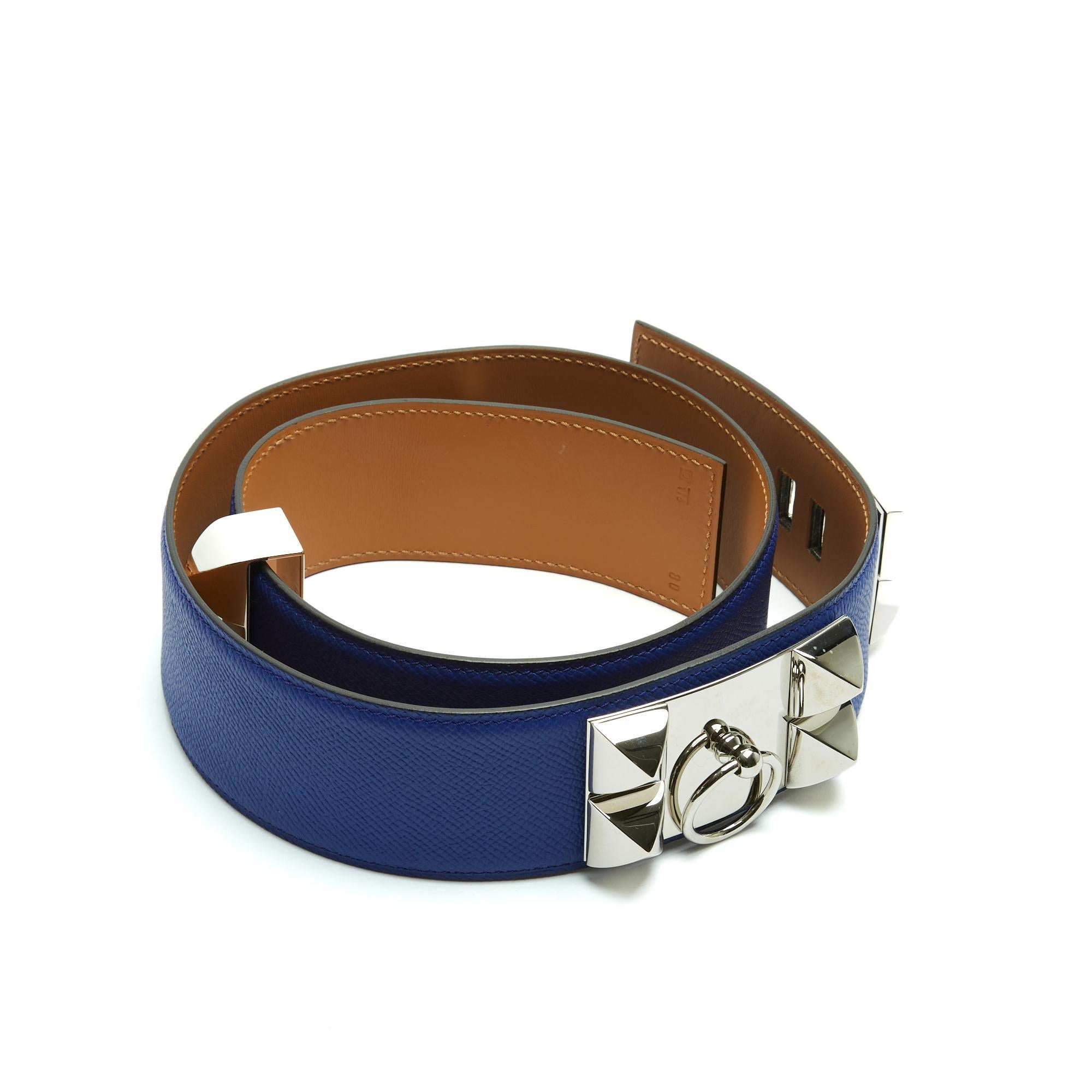 Cintura con collare per cani di Hermès (o cintura Médor per i più esperti ;-) larga 50 mm in pelle Epsom leggermente granulata in blu e metallo argentato (palladio), realizzata nel 2011. Taglia FR80 o 32in, lunghezza totale della cintura 92,5 cm,