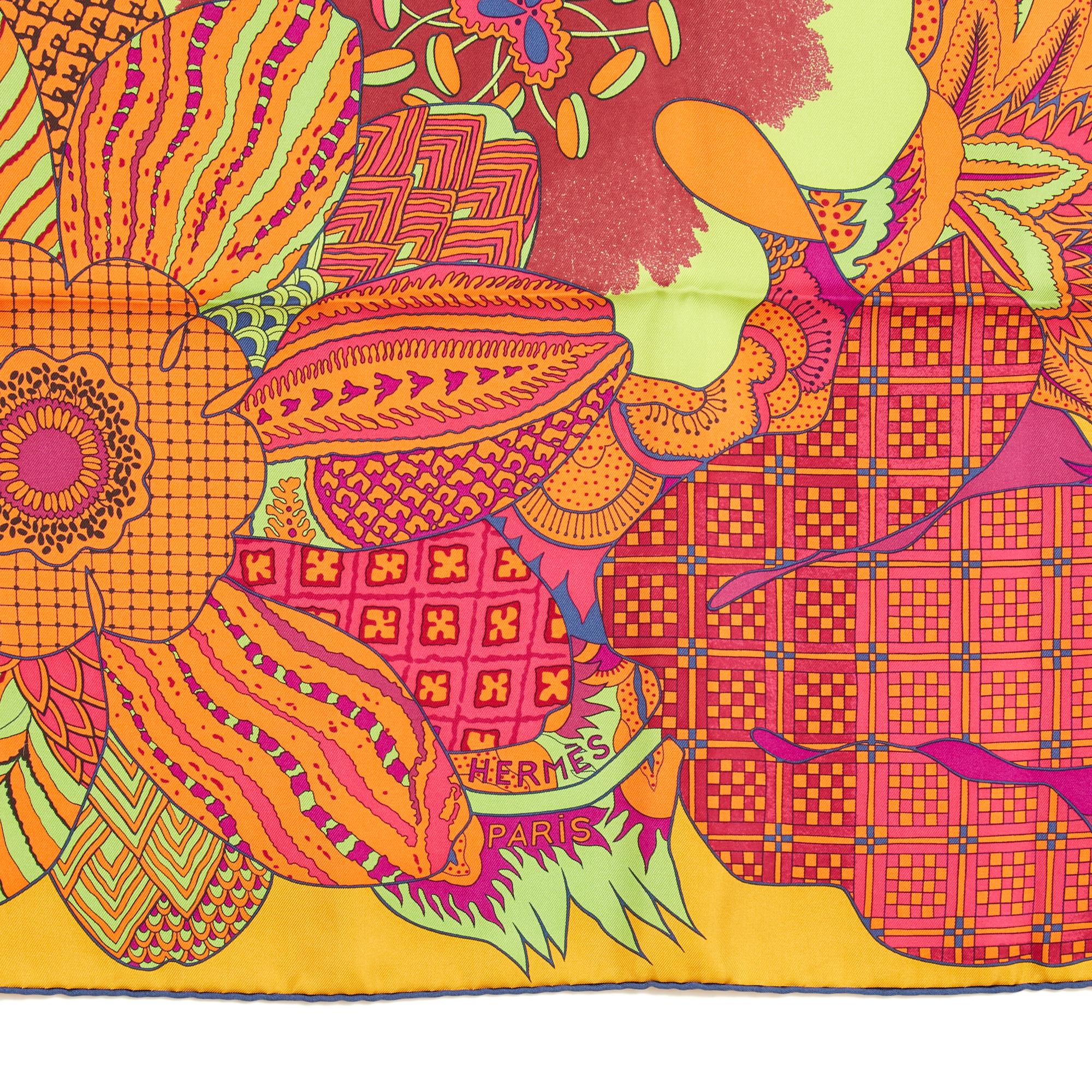 Orange Hermès 2011 Foulard Carré 90 Fleurs d indienne Lime red blue Silk Scarf Hermes