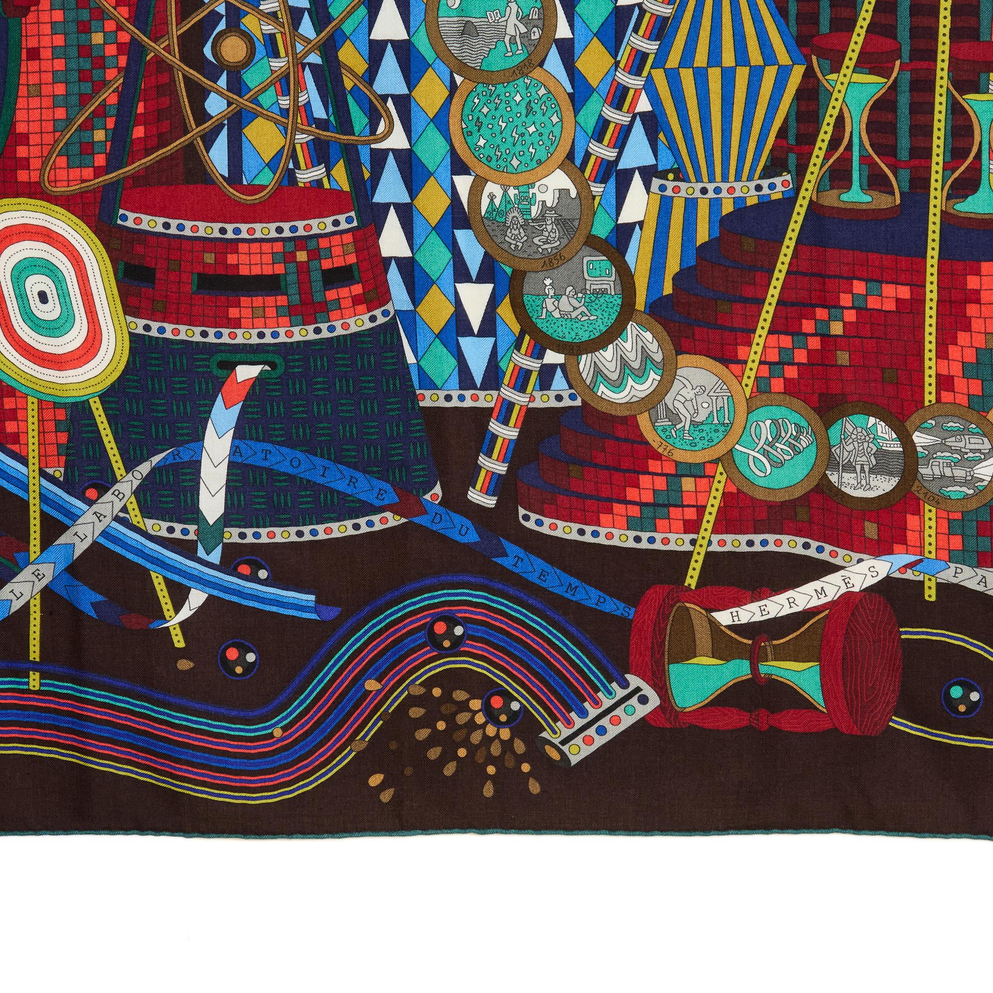 Black Hermès 2012 Carré 140 Laboratoire du temps Cashmere Shawl Hermes For Sale