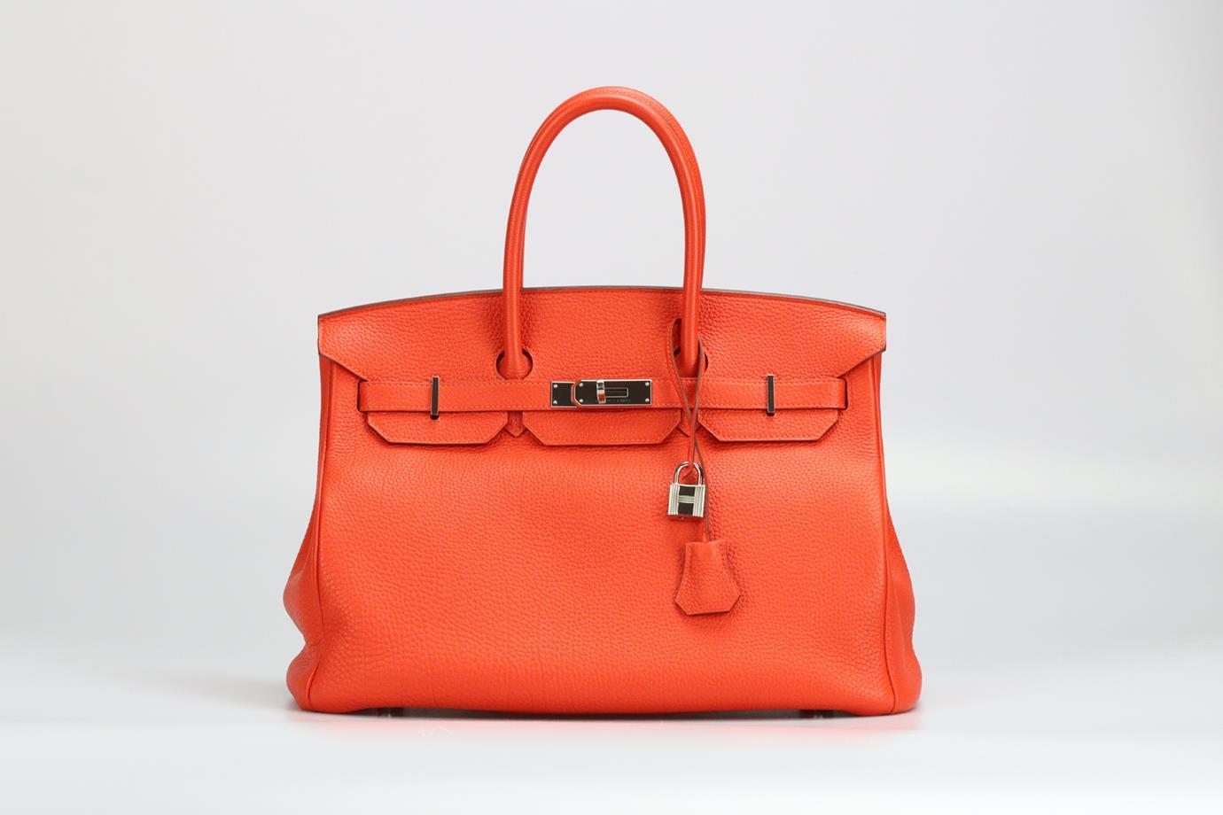 <ul>
<li>Hermès 2013 Birkin 35Cm Togo Leather Bag.</li>
<li>Orange.</li>
<li>Twist lock fastening - Front.</li>
<li>Comes with - key, lock and clochette.</li>
<li>Does not come with - dustbag or box.</li>
<li>Model: Birkin 35.</li>
<li>Made in