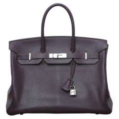 Superbe sac Hermès Rare Birkin 35 Raisin avec finitions métalliques en palladium en forme de R en carré, 2014