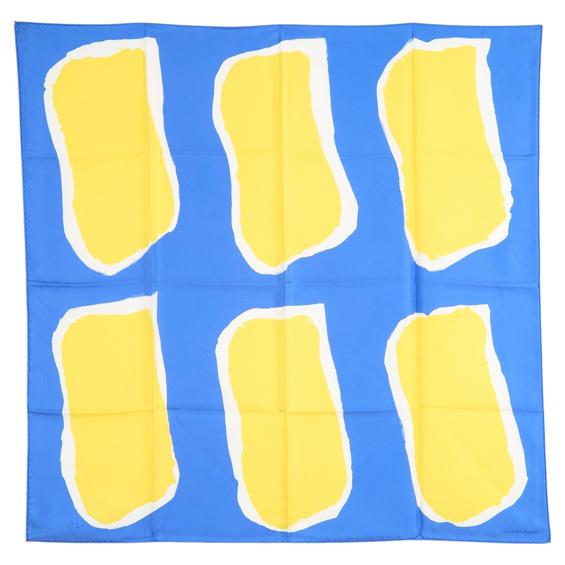 Hermès 2014 Foulard Carré 90 Claude Viallat Blue Yellow Silk Scarf Hermes