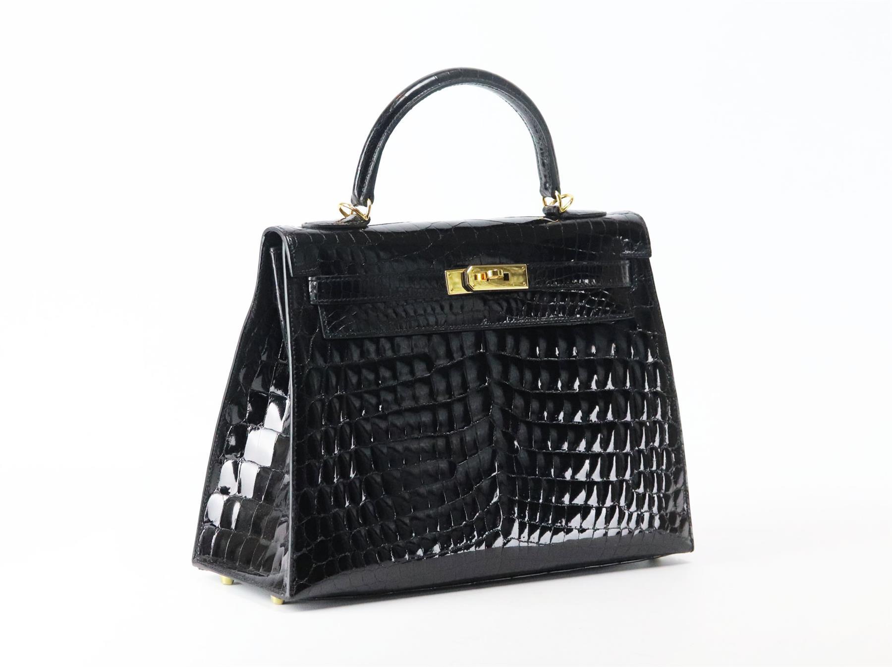 Black Hermès 2014 Kelly Sellier 32cm Porosus Crocodile Leather Bag For Sale