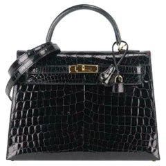 Hermès Kelly 32 Sellier Blue Roi Porosus Crocodile Gold hardware