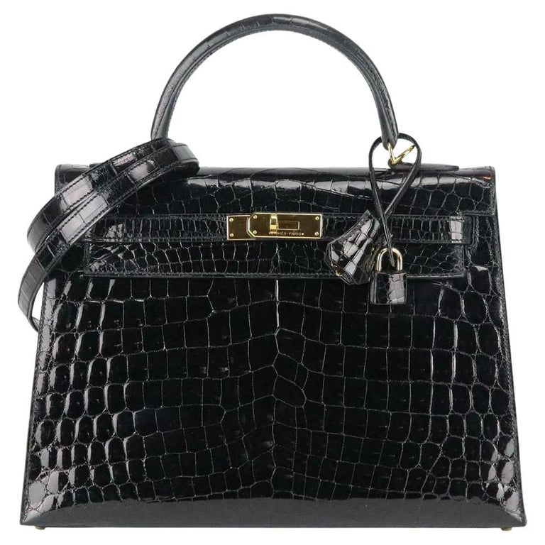 Hermes Kelly II 28 Shiny Black Porosus Crocodile GHW Handbag