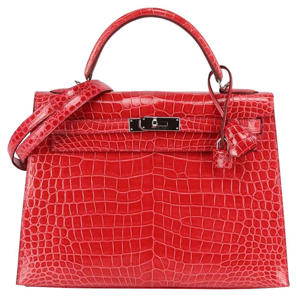 Hermès 2015 Kelly Sellier 32cm Porosus Crocodile Leather Bag For Sale