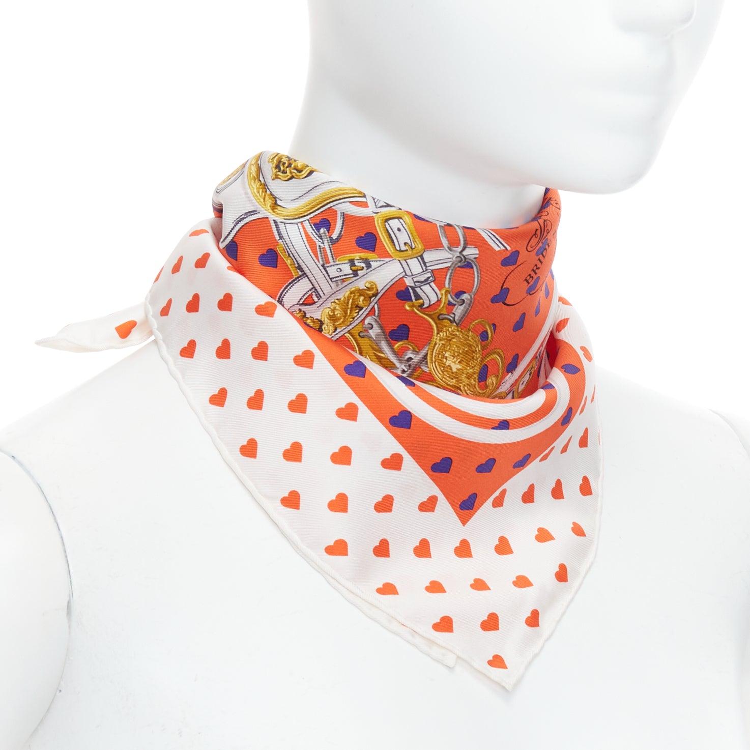 Beige Hermès 2017 Bride de Gala 90 orange white heart barrcco small scarf For Sale