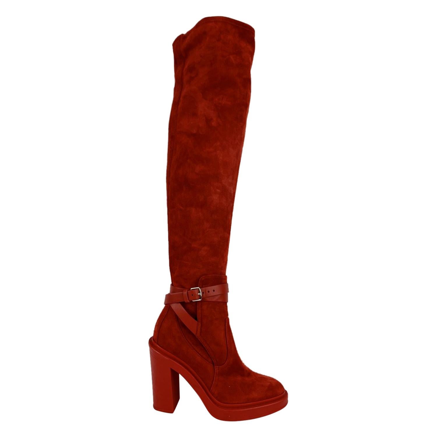 Hermes 2018 Red Suede Selena Over The Knee Boots Size 36