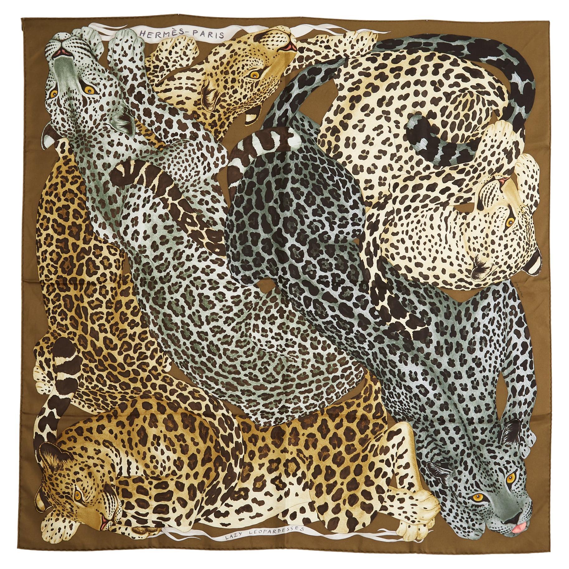 Hermès 2019 Carre 90 Lazy Leopardesses Khaki Brown Silk Twill Scarf Hermes