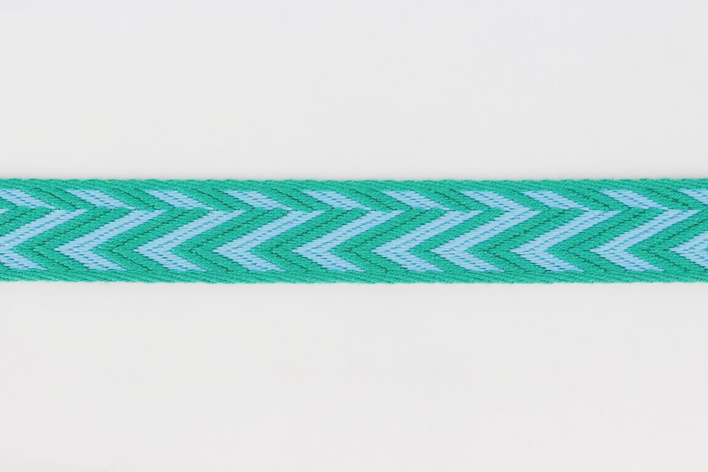 Hermés 2019 Sangle 25mm zigzag canvas bag strap. Made from blue and green zigzag canvas with blue leather trim and gold-tone clasps. L: 44.5 in. W: 0.9 in