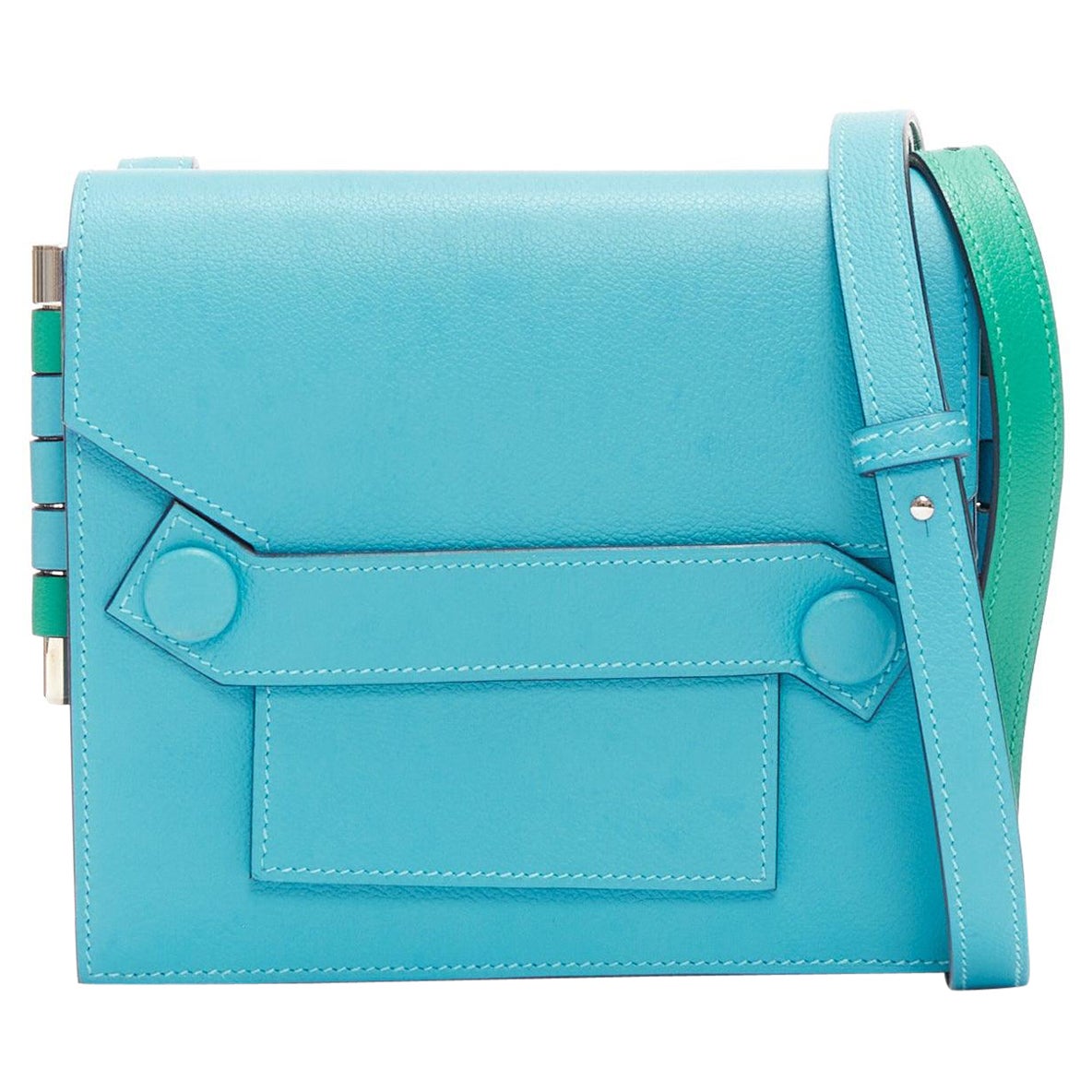 HERMES 2019 Zwillinge grün blau asymmetrische Umhängetasche mit Schnappverschluss im Angebot