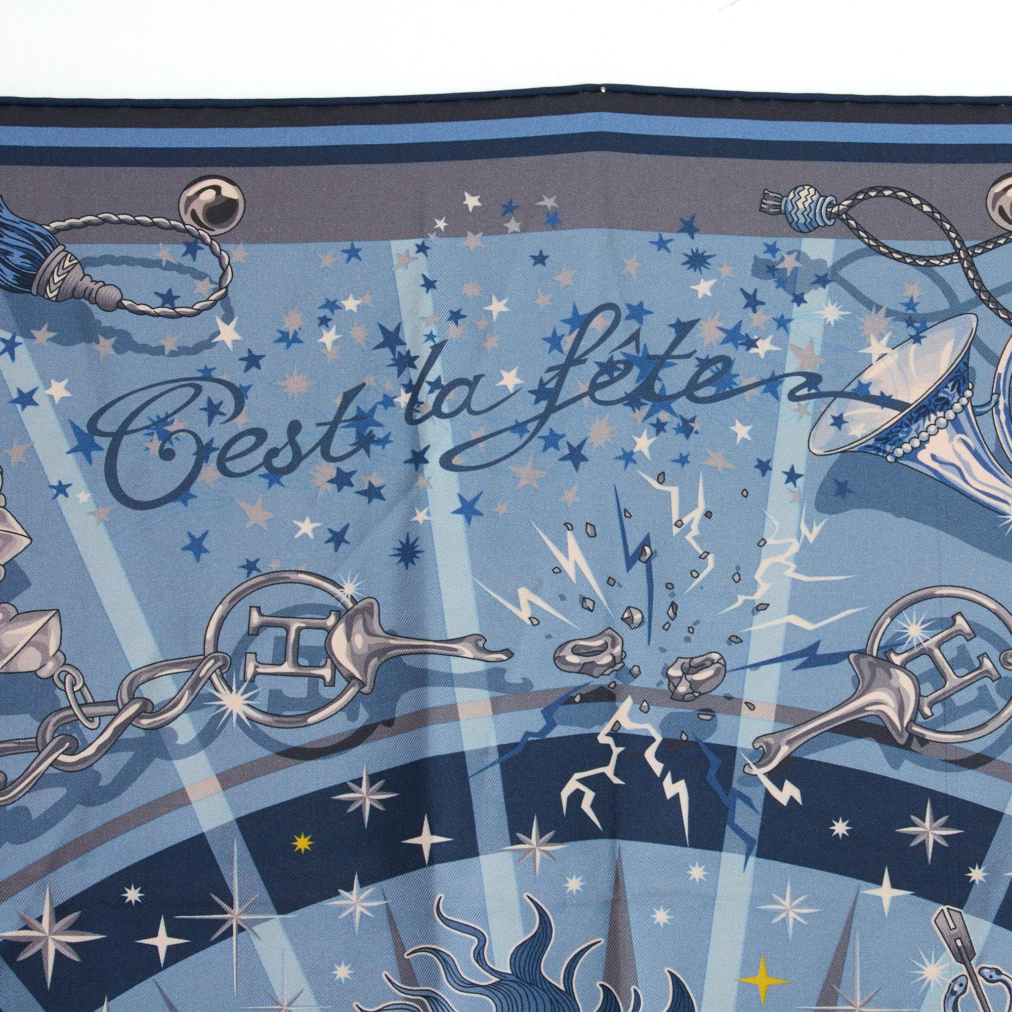 Hermès 2020 Carre 90 Cest la fete Daisuke Normura Pañuelo de seda doble cara Hermes Gris en venta