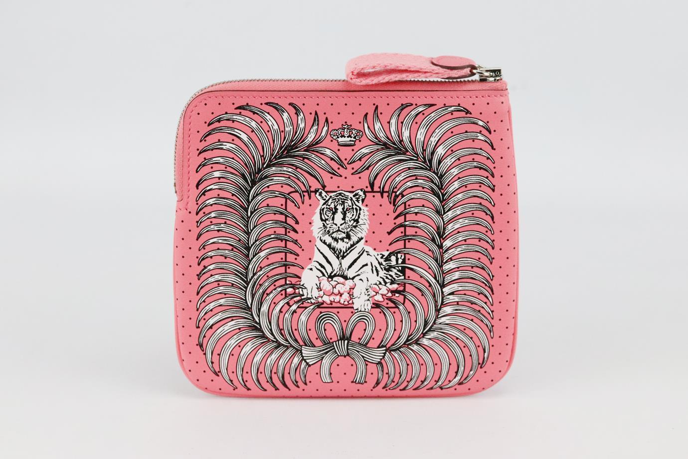 Hermès 2020 Carre Tigre Royal Bandana leather coin purse. Made in France, this classic purse has been made from pink printed leather exterior with matching interior, this piece is decorated with Hermès silver stamped logo on the interior and