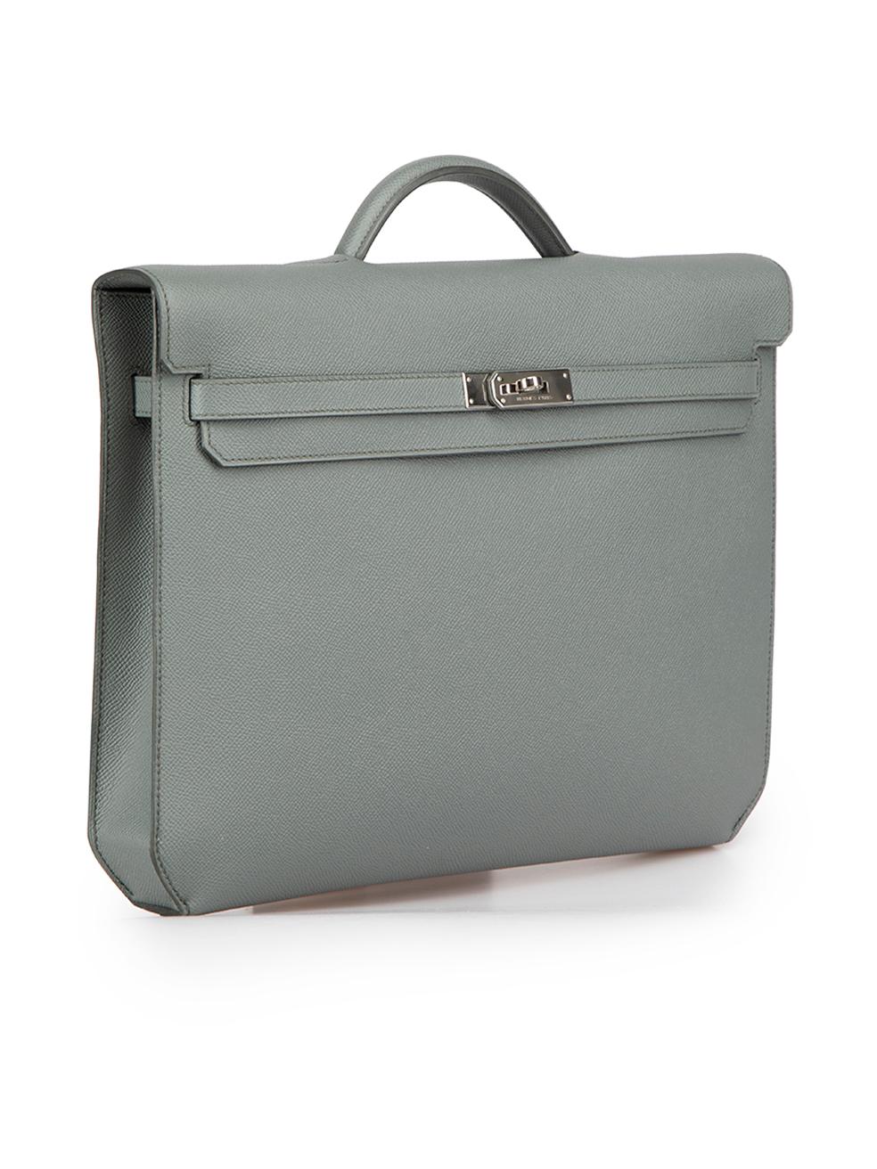 CONDITION is Very good. Minimal wear to briefcase is evident. Minimal wear to the front with very small mark on this used Hermès designer resale item. This item comes with original box and dust bag.

Details
2020
Kelly Depeches 36
Vert Amande
Epsom