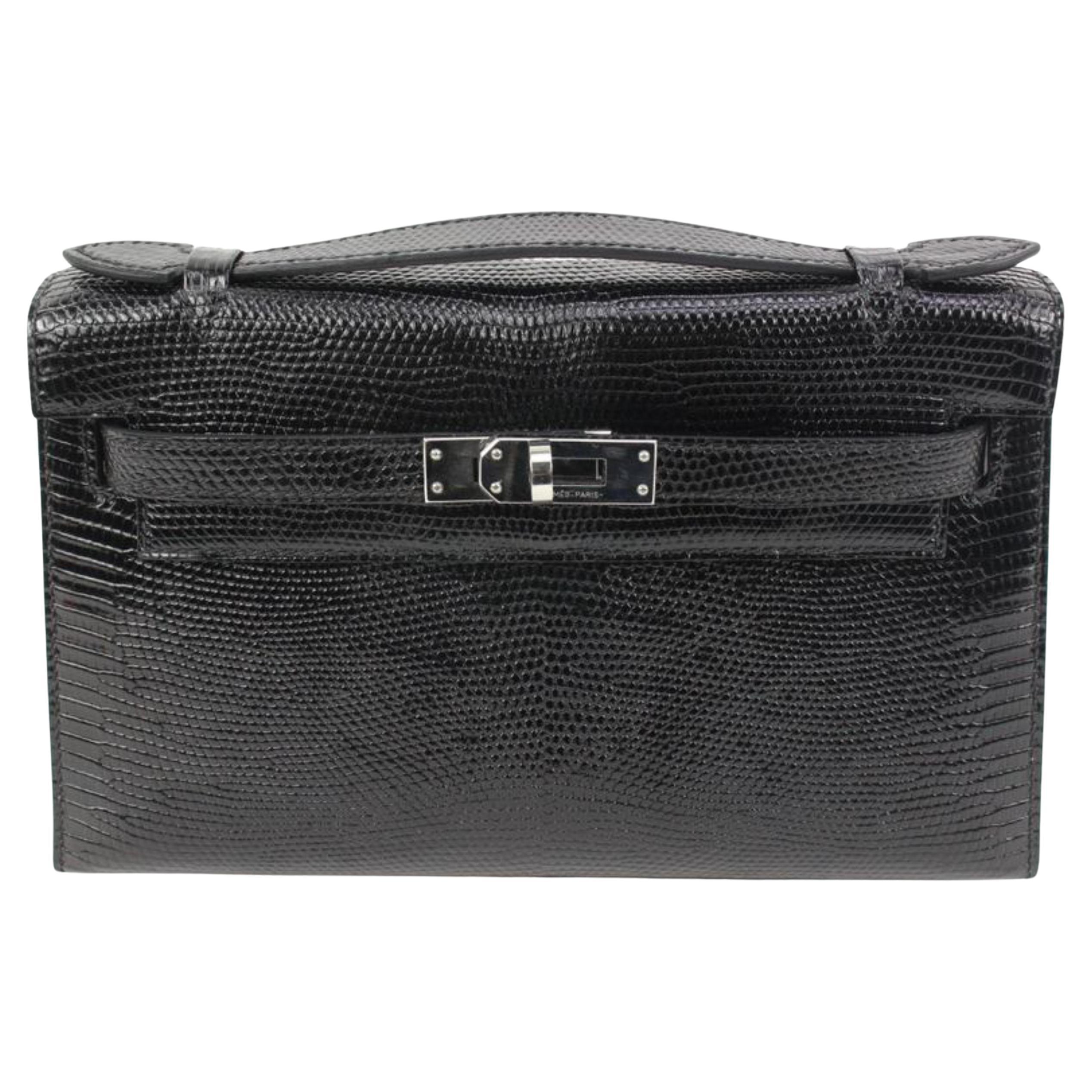 Hermès 2021 Black Lizard Kelly Pochette Mini Handbag 49h325s