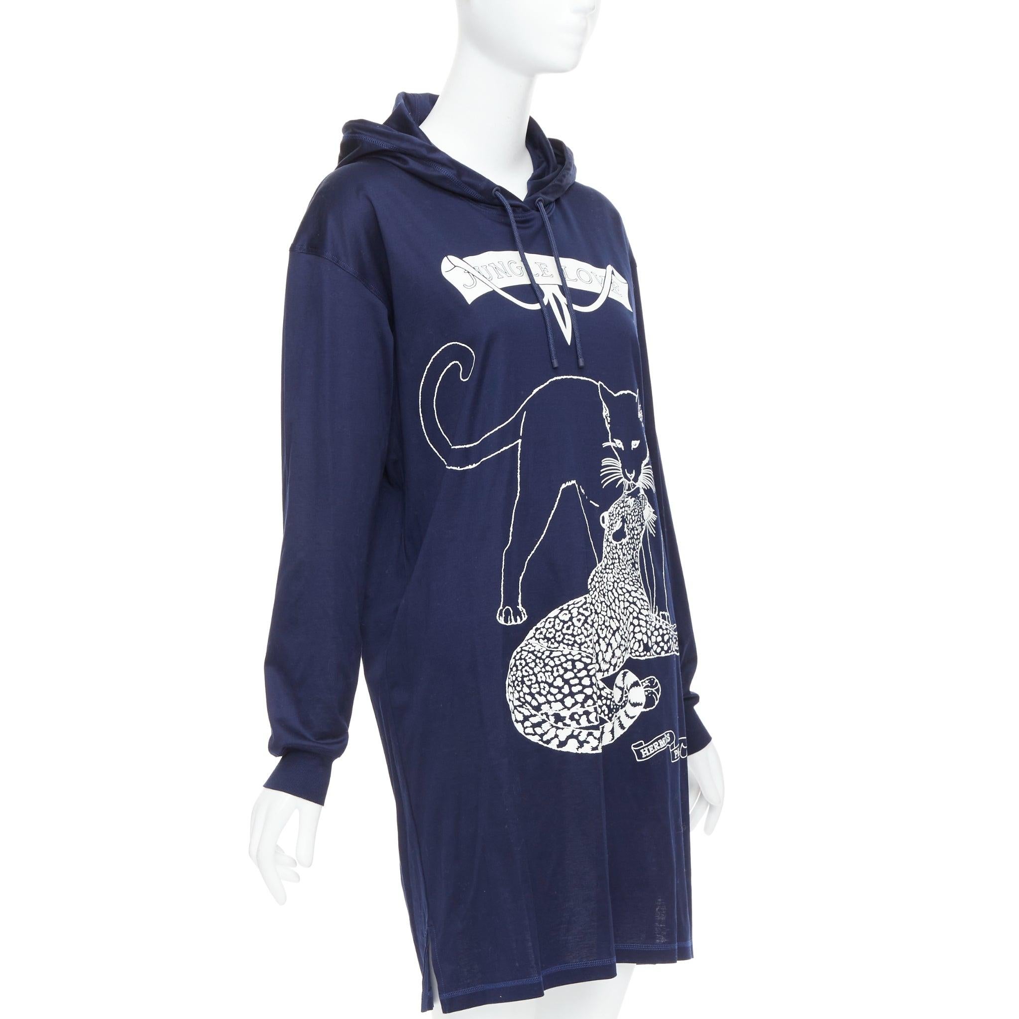 Purple HERMES 2022 navy jungle love print coated cotton hooded dress FR40 L For Sale