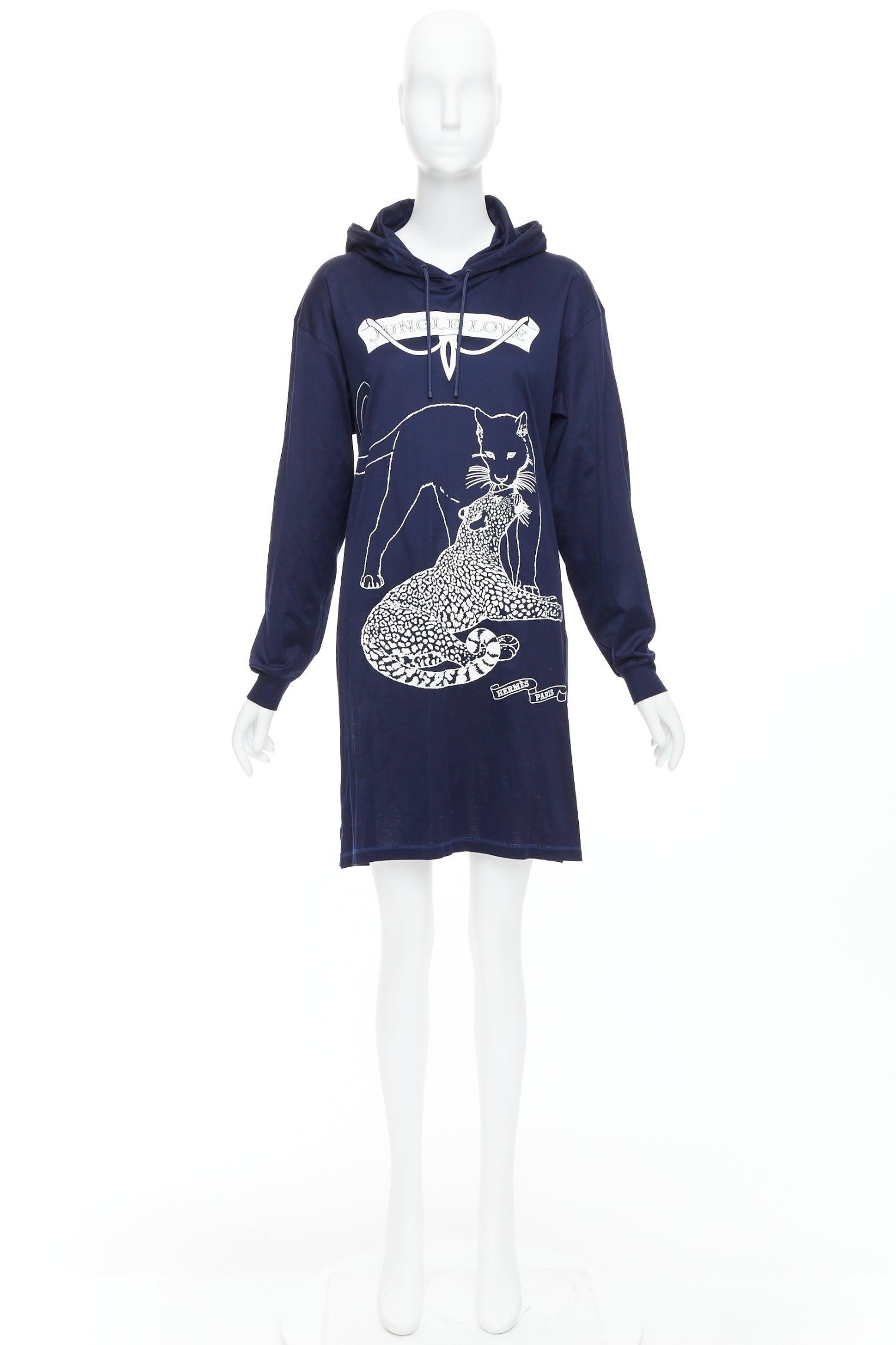 HERMES 2022 navy jungle love print coated cotton hooded dress FR40 L For Sale 4