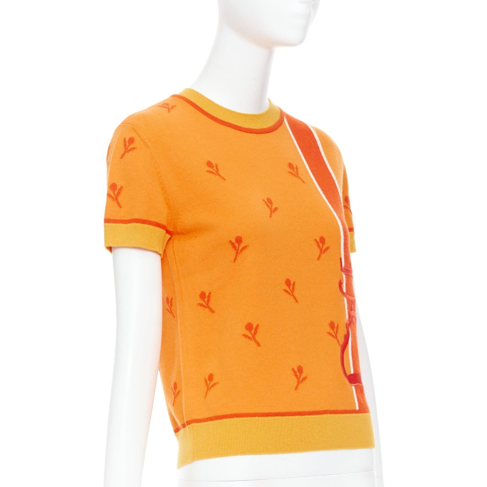 HERMES 2024 Etriers orange pull brodé floral en laine et cachemire FR36 S Excellent état - En vente à Hong Kong, NT