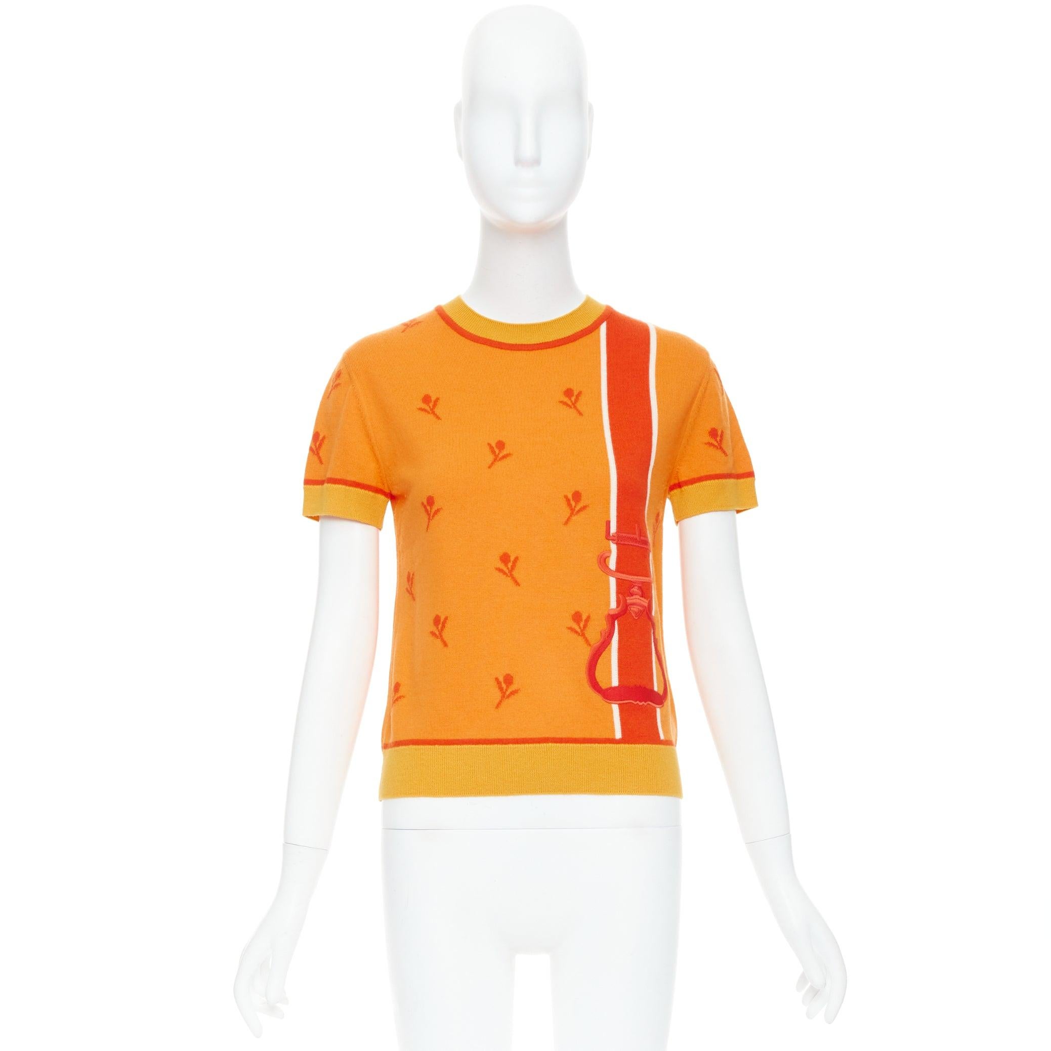 HERMES 2024 Etriers orange pull brodé floral en laine et cachemire FR36 S en vente 4