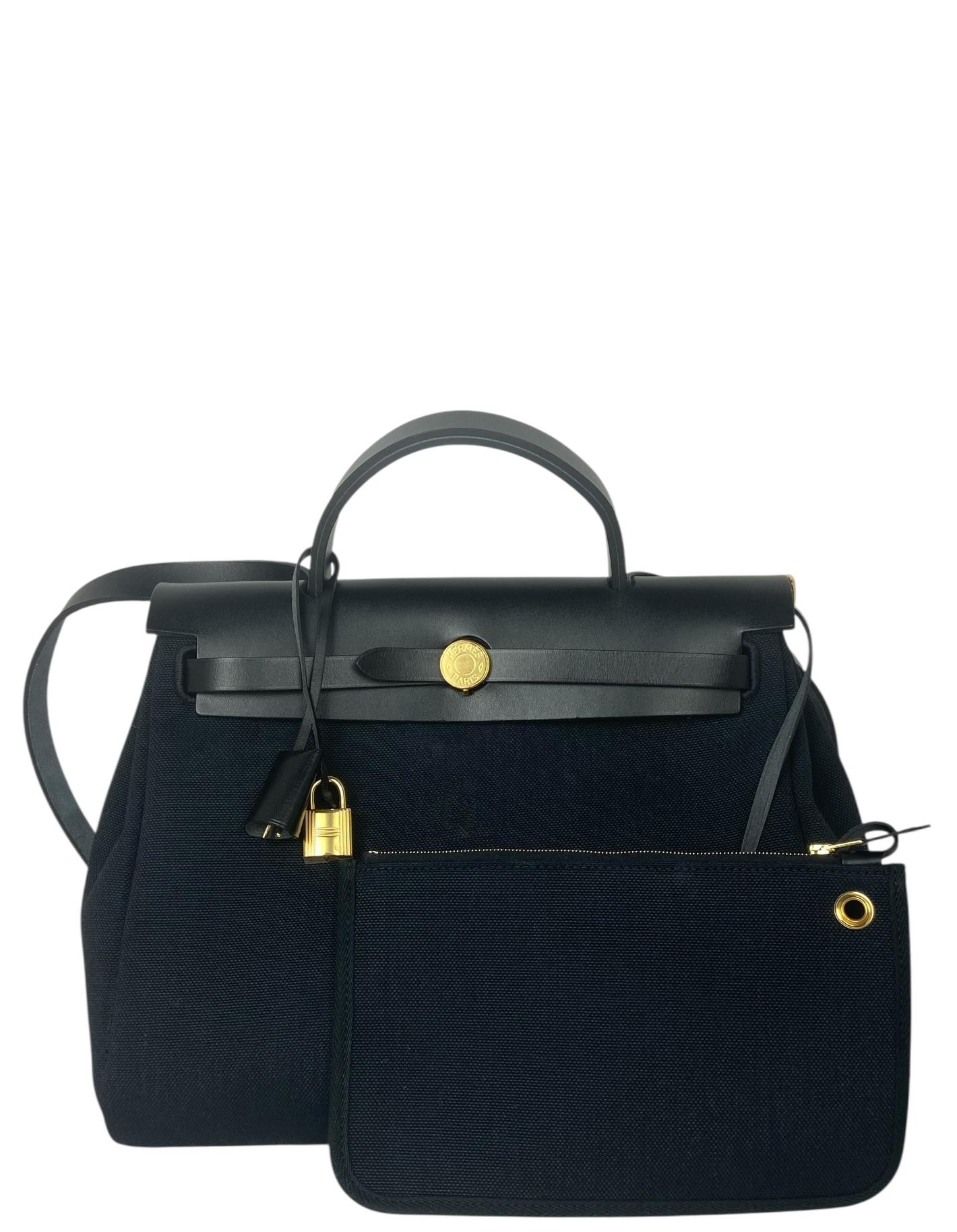 Women's Hermes 2025 Black Toile Militaire Canvas and Leather Herbag Zip 31 Bag For Sale