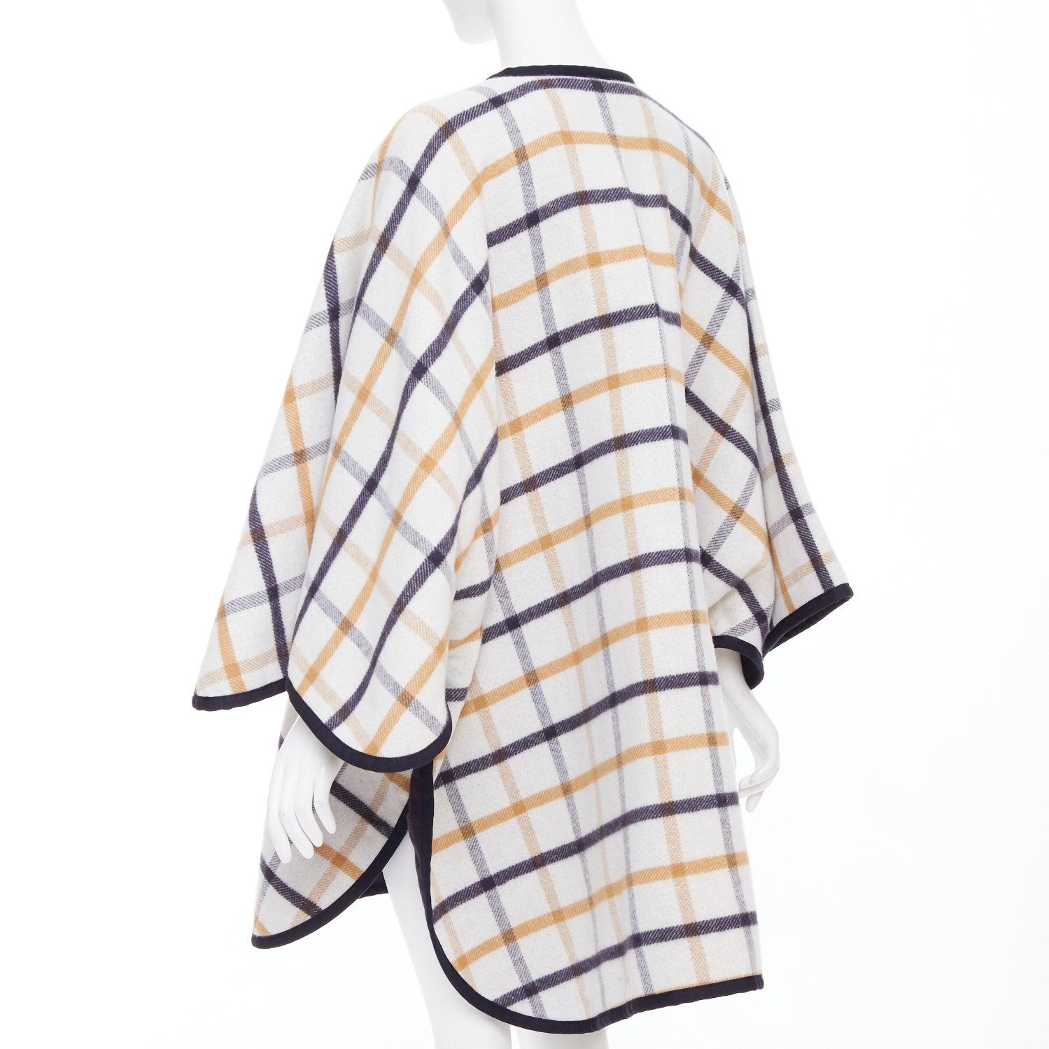 HERMES 2025 Camail Reversible azul marino crema cuadros cachemira tripulación capa poncho en venta 1