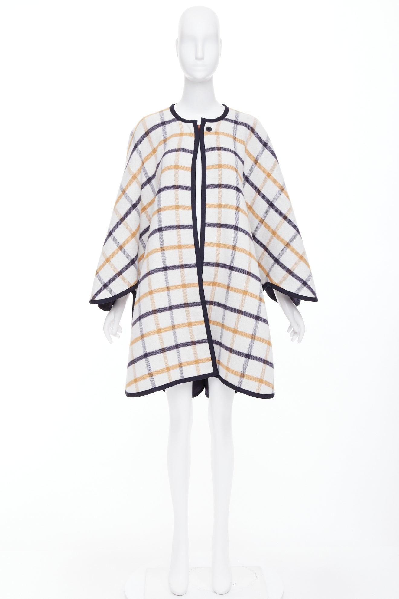 HERMES 2025 Camail Reversible azul marino crema cuadros cachemira tripulación capa poncho en venta 4