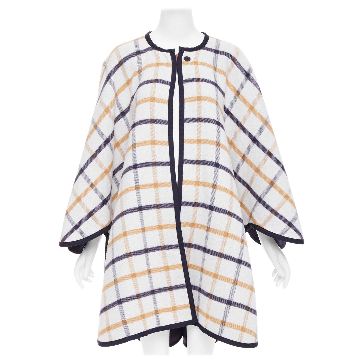 HERMES 2025 Camail Reversible azul marino crema cuadros cachemira tripulación capa poncho en venta