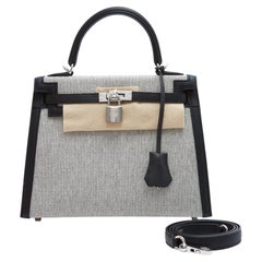 Hermès 2026 Sac Kelly 25 Sellier II Black Canvas Leather Bag Hermes New in box