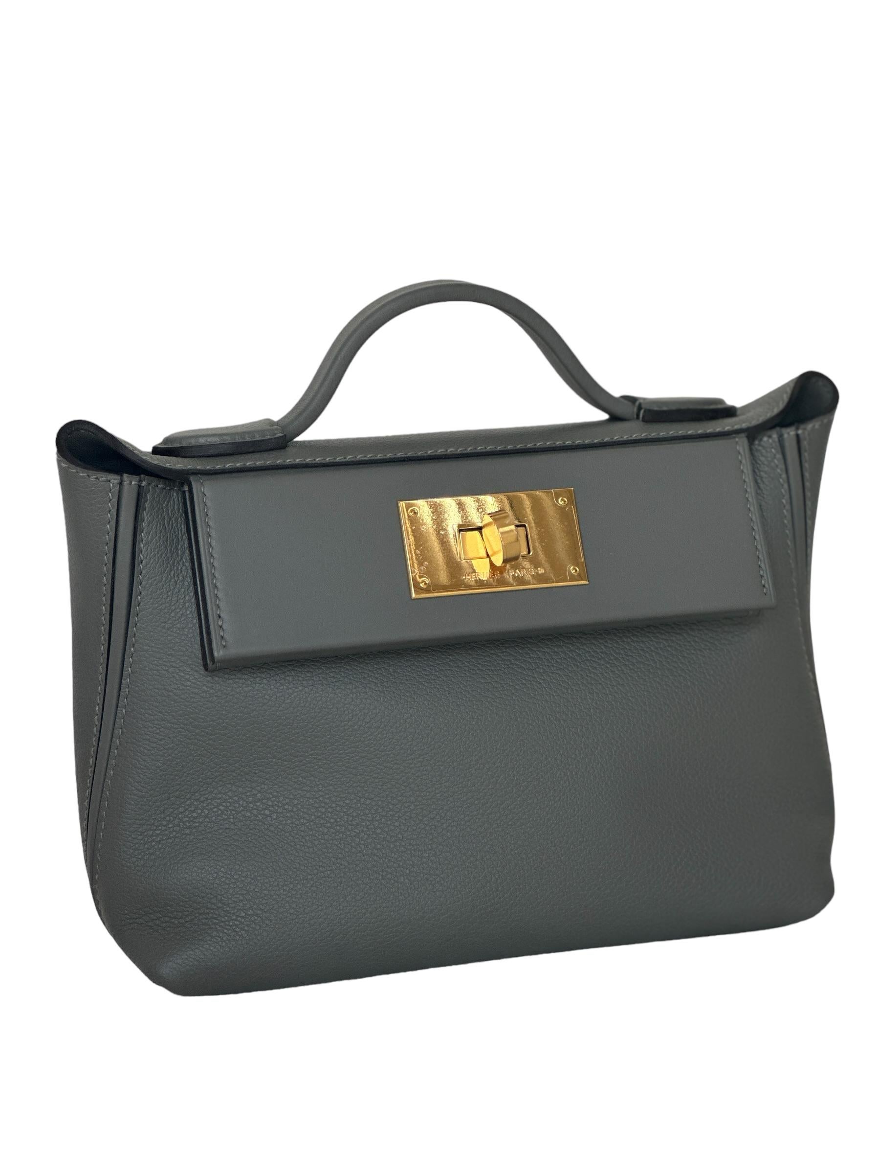 Hermes 24/24 21 Mini Bag Gris Meyer Evercolor / Swift Leather Gold Hardware In New Condition In West Chester, PA