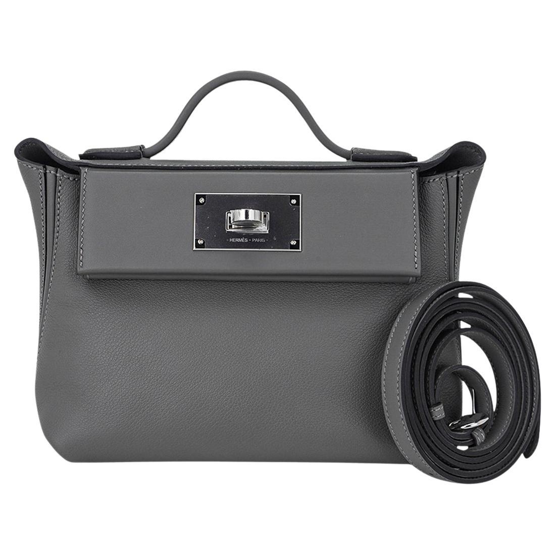 Hermès - Mini sac 24/24 21 gris Meyer Evercolor/Swift en cuir avec accessoires en palladium en vente