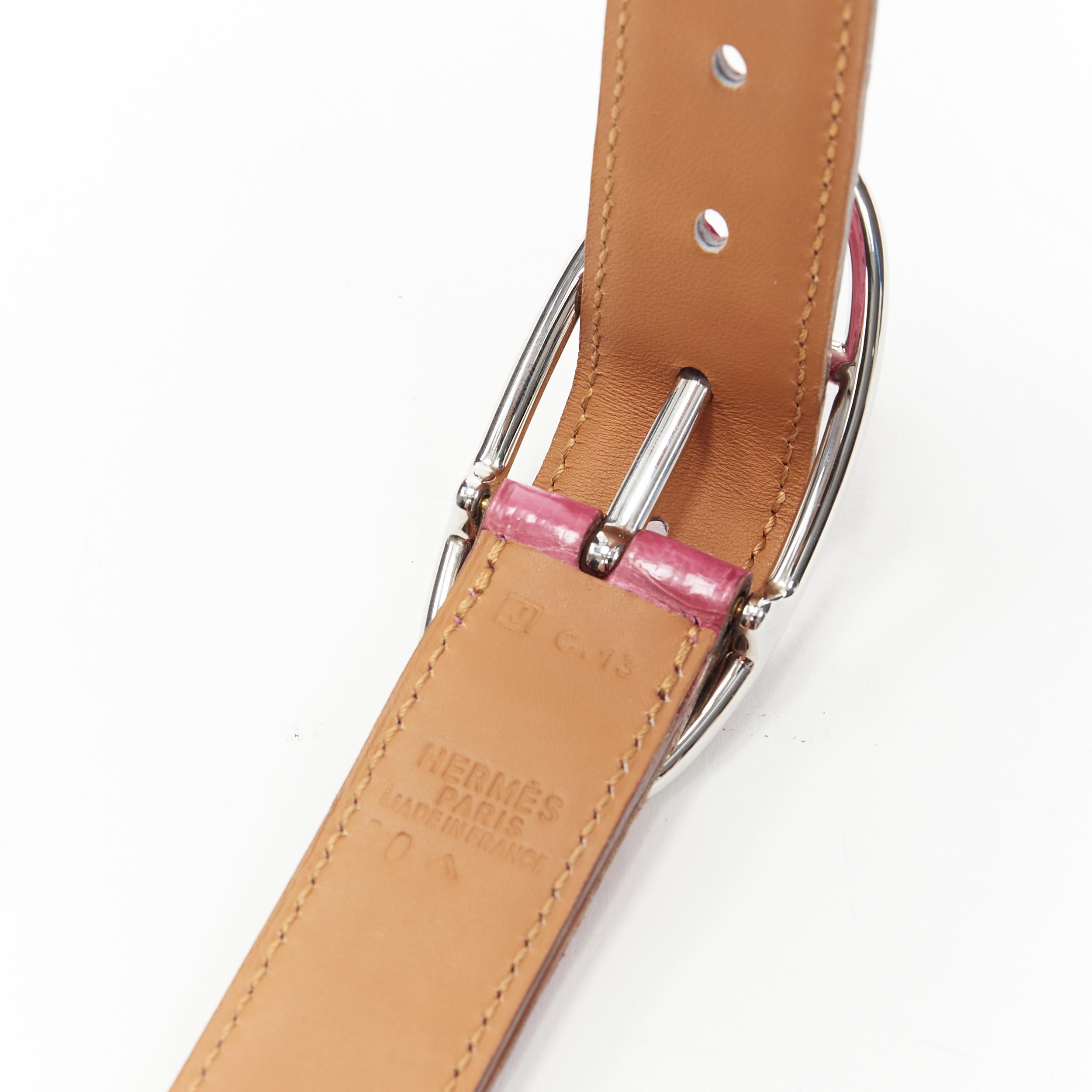 Pink HERMES 24mm fuchsia pink porosus alligator leather silver buckle belt FR80
