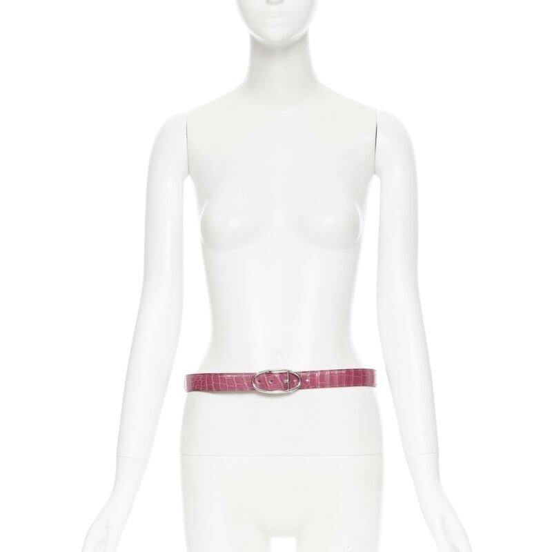 HERMES 24mm fuschia pink porosus scaled leather silver buckle belt FR80
Reference: TGAS/B00217
Brand: Hermes
Material: Leather
Color: Pink, Silver
Pattern: Solid
Closure: Buckle
Extra Details: Fuchsia pink polished alligator leather belt. Silver