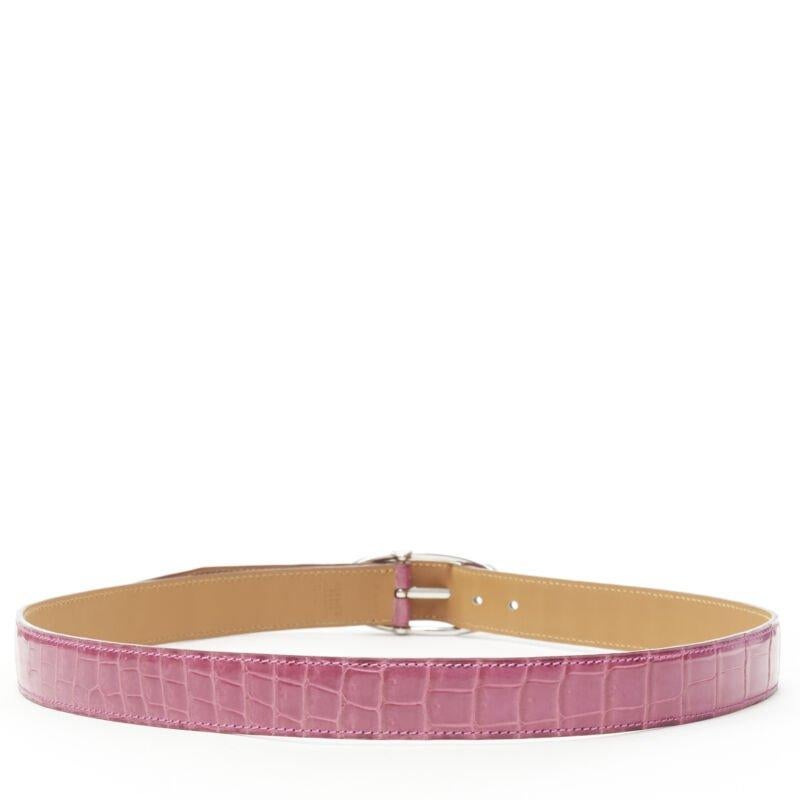 Brown HERMES 24mm fuschia pink porosus scaled leather silver buckle belt FR80 For Sale