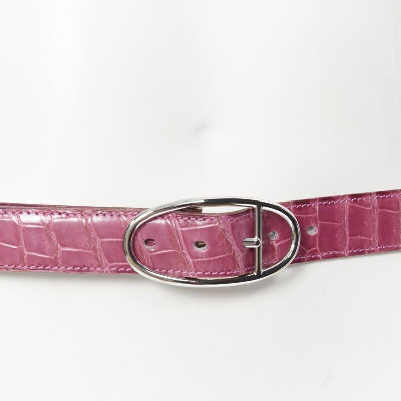 HERMES 24mm fuschia pink porosus scaled leather silver buckle belt FR80 In Good Condition For Sale In Hong Kong, NT