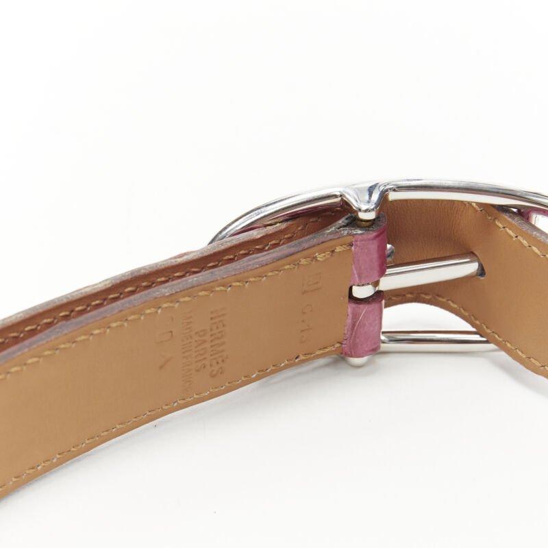 Women's HERMES 24mm fuschia pink porosus scaled leather silver buckle belt FR80 For Sale