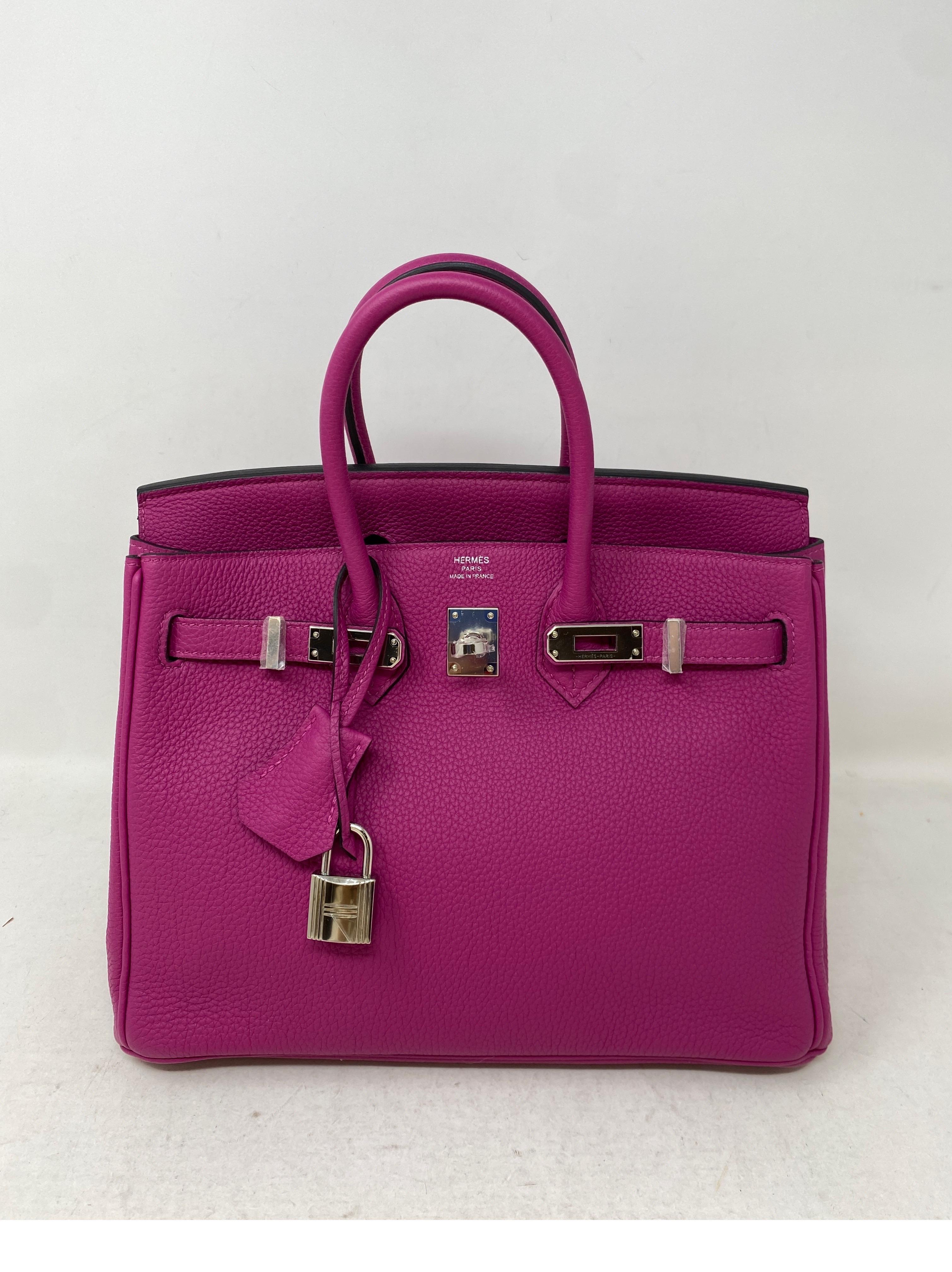 Hermes Purple Poudre Birkin 25 Bag. Rare gorgeous color. Palladium hardware. Excellent condition. Like new. Never used. Includes full set. Includes clochette, lock, keys, rain jacket, dust bag and box. Guaranteed authentic. Great color to add to