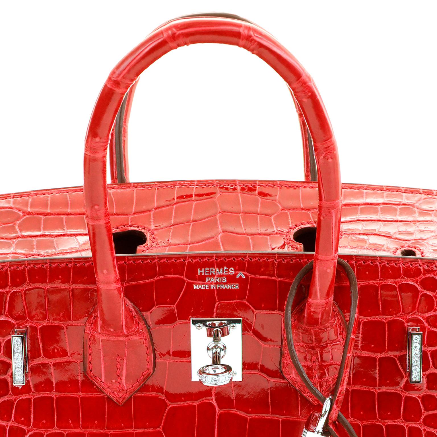 Hermès 25 cm Lipstick Red Porosus Crocodile Diamond Encrusted Birkin  7