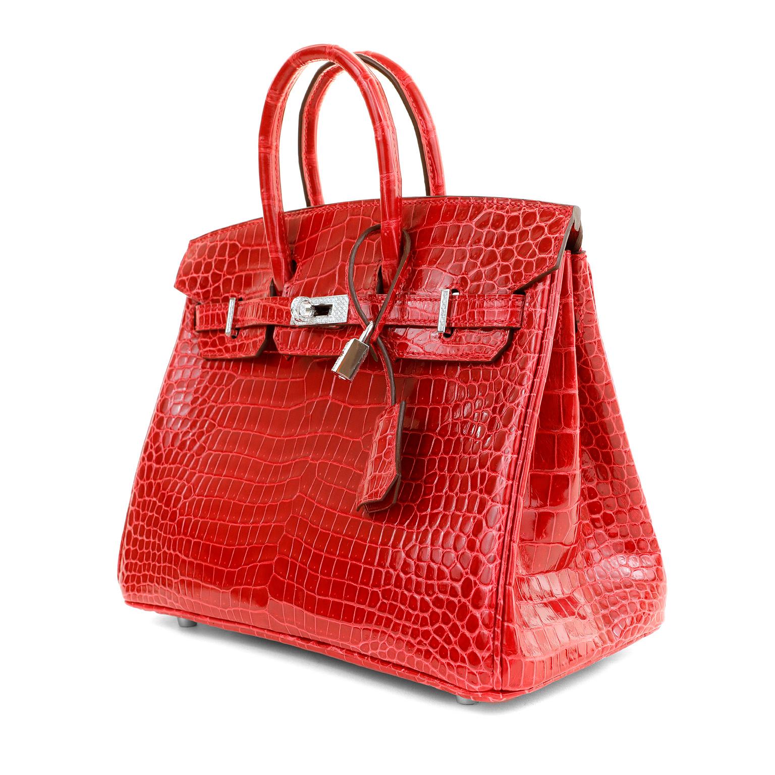 Hermès 25 cm Lipstick Red Porosus Crocodile Diamond Encrusted Birkin  In New Condition In Palm Beach, FL