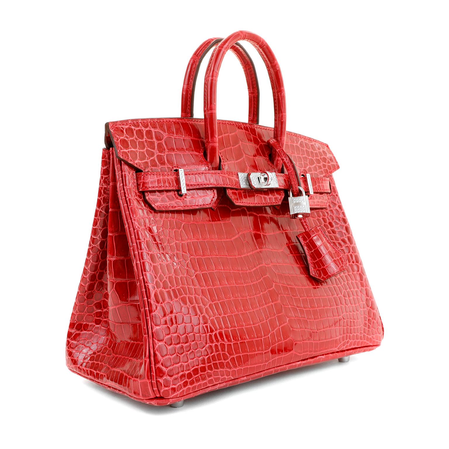 Women's Hermès 25 cm Lipstick Red Porosus Crocodile Diamond Encrusted Birkin 