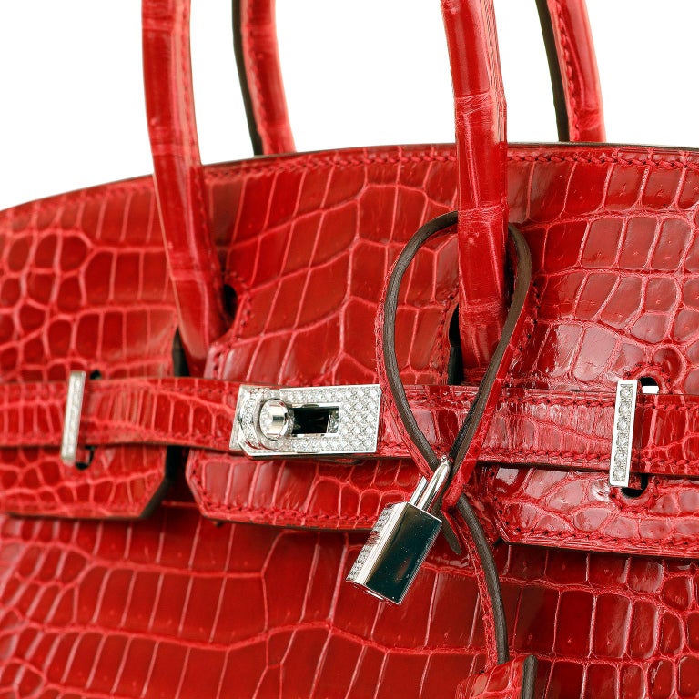 Hermès Birkin 25 Rouge de Coeur Shiny Porosus Crocodile 18K White
