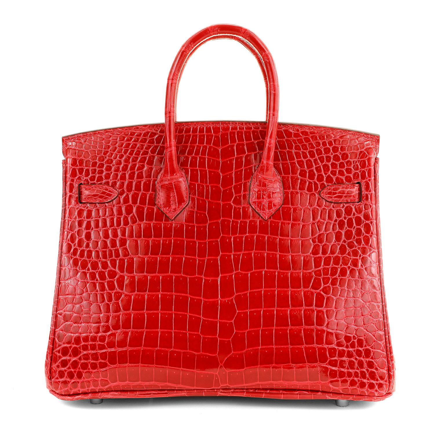 Hermès 25 cm Lipstick Red Porosus Crocodile Diamond Encrusted Birkin  3