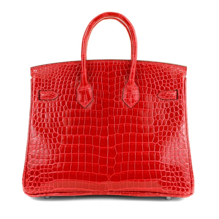 Hermès 25 cm Lipstick Red Porosus Crocodile Diamond Encrusted