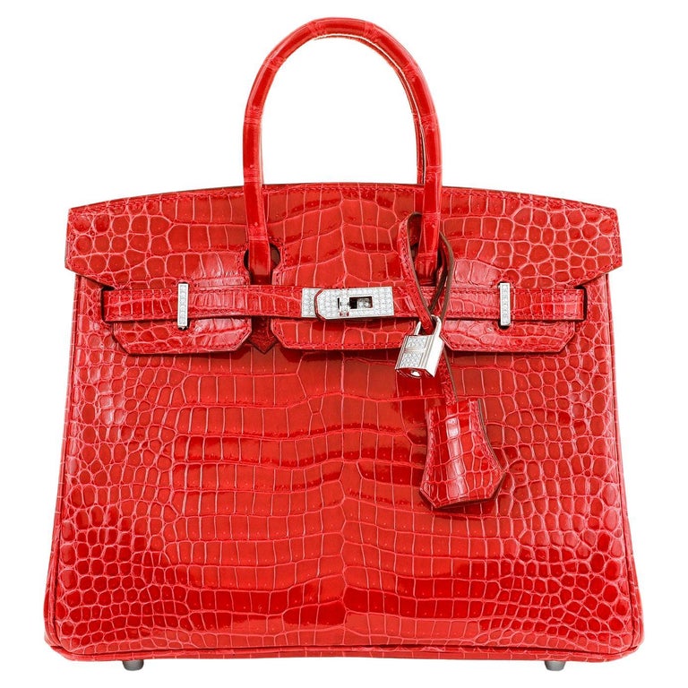 Hermès 25 cm Lipstick Red Porosus Crocodile Diamond Encrusted Birkin ...