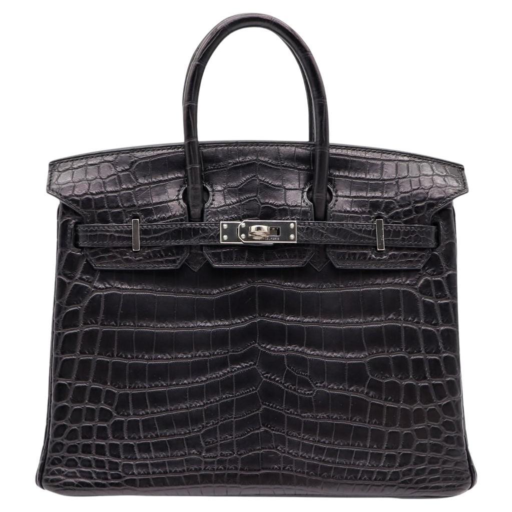 Hermès 25cm Birkin Black Matte Niloticus Crocodile Palladium Hardware For Sale