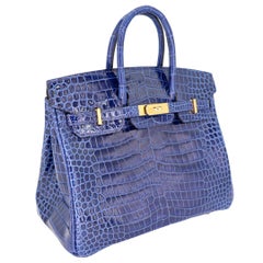 Hermès 25cm Birkin Bleu Saphir Shiny Porosus Crocodile Gold Hardware
