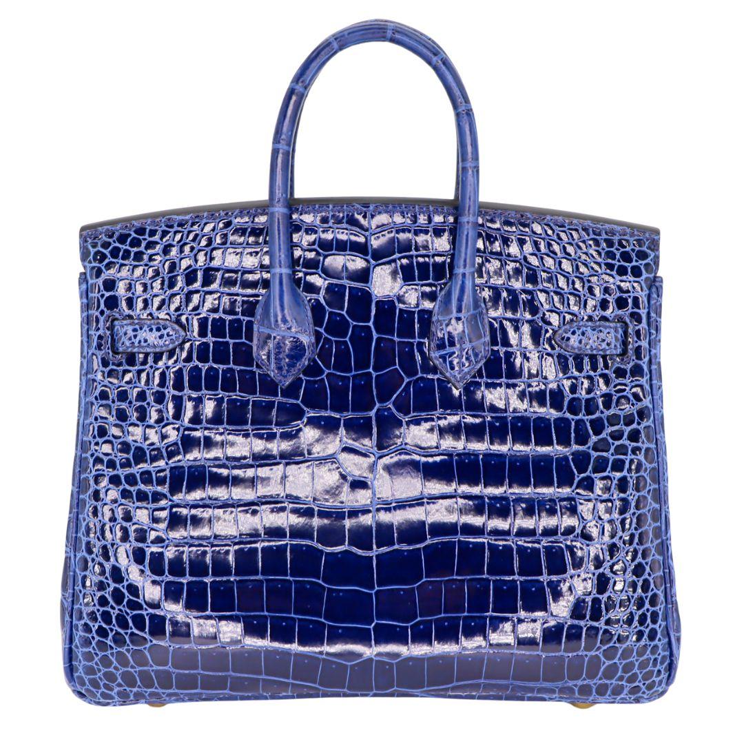 Hermès 25cm Birkin Bleu Saphir Shiny Porosus Crocodile Gold Hardware In New Condition For Sale In Santa Rosa Beach, FL