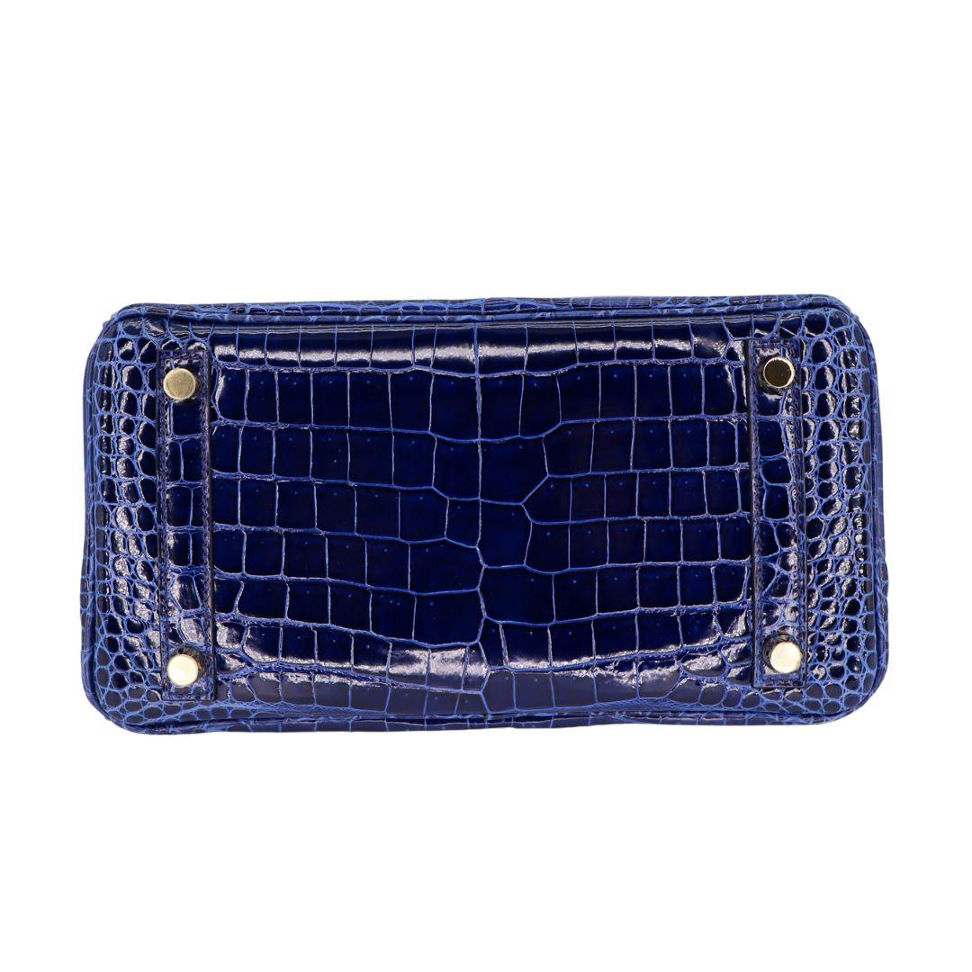 Violet Hermès 25cm Birkin Bleu Saphir Crocodile Porosus Brillant Ferrures Or en vente