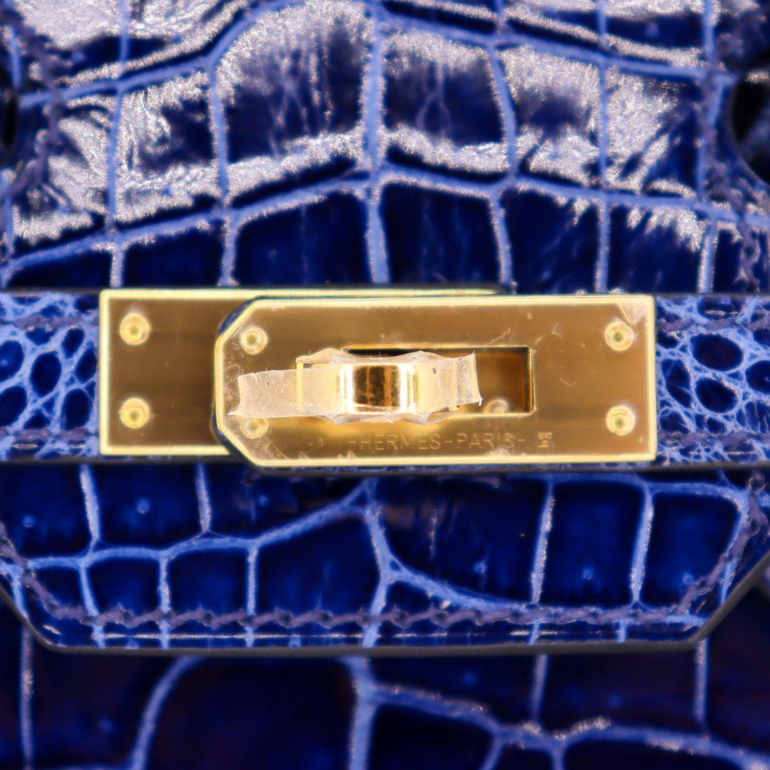 Hermès 25cm Birkin Bleu Saphir Crocodile Porosus Brillant Ferrures Or Neuf - En vente à Santa Rosa Beach, FL