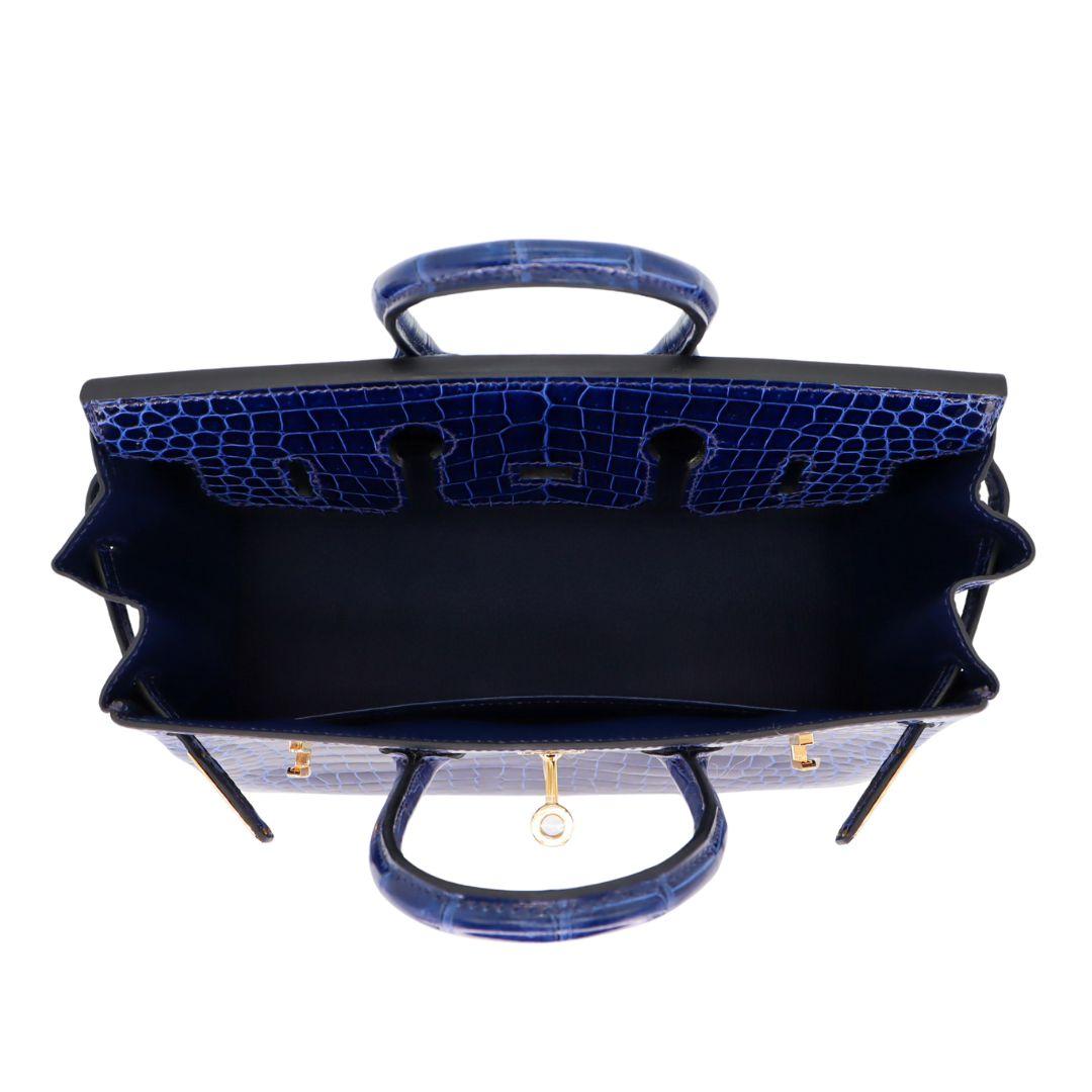Hermès 25cm Birkin Bleu Saphir Crocodile Porosus Brillant Ferrures Or en vente 1